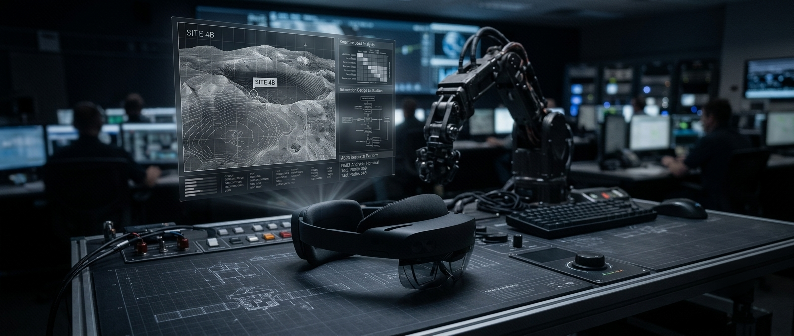Concept visualization of an AR research workstation showing a HoloLens headset on a technical console, with a holographic spatial map and robotic arm in the background. Illustrative image, not a production interface.
