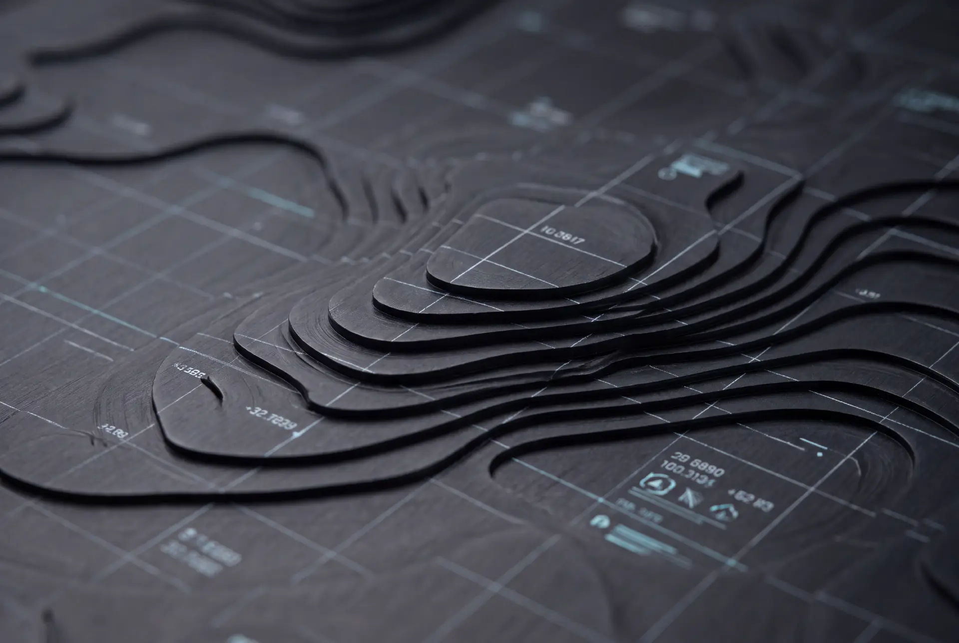 Spatial computing topography map rendered as a dark technical terrain model with telemetry overlays.